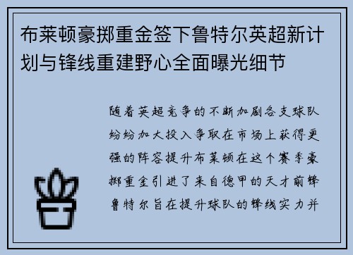 布莱顿豪掷重金签下鲁特尔英超新计划与锋线重建野心全面曝光细节